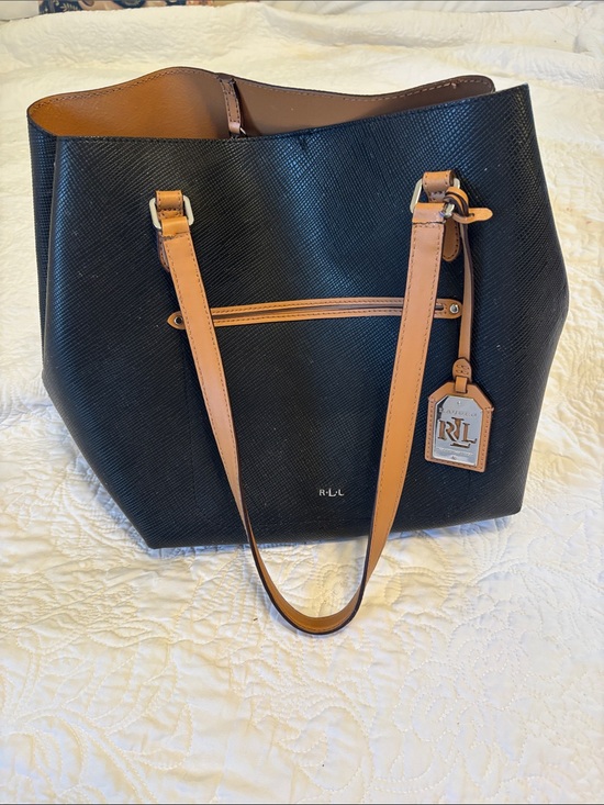 Polo Ralph Lauren Handbags - Polo Ralph Lauren Black and Tan Leather Tote Bag